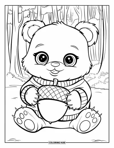 Woodland Animal Coloring Page for Kids: A baby bear in a sweater hugs an acorn in a forest clearing