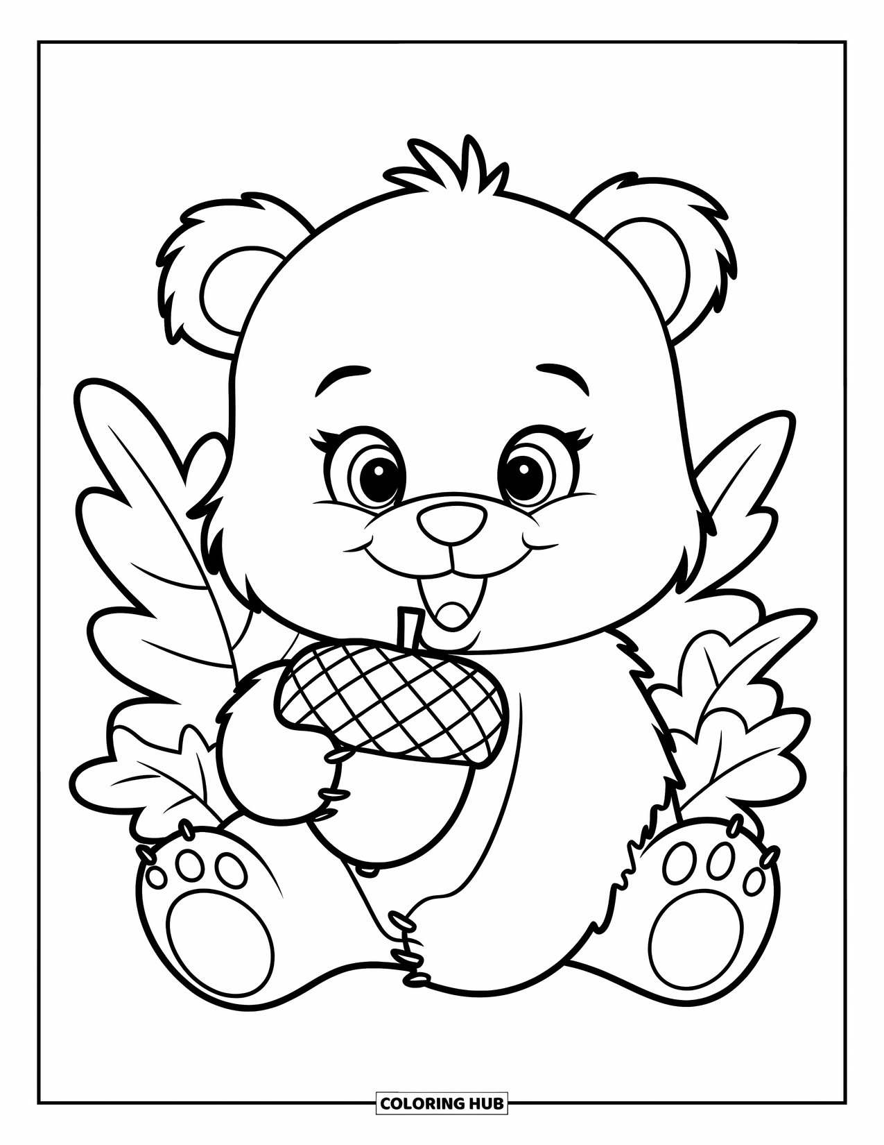 Woodland Animal Coloring Page for Kids: A baby bear with big eyes hugs an acorn in a leafy clearing