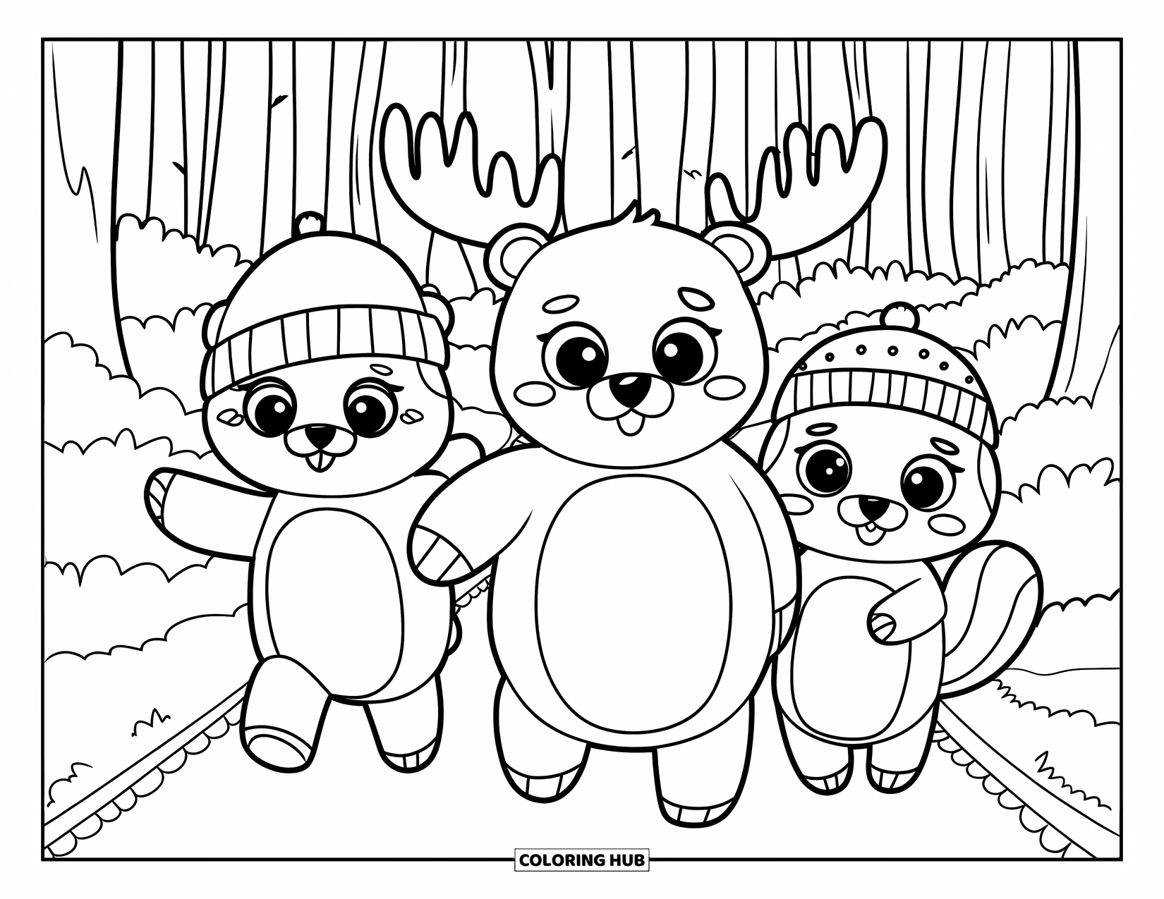 Woodland Animal Coloring Page for Kids: A bear, moose, and squirrel walk together down a cozy forest trail in cute hats
