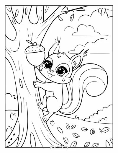 Woodland Animal Coloring Page for Kids: A big-eyed squirrel climbs a tree for an acorn under a cloudy forest sky