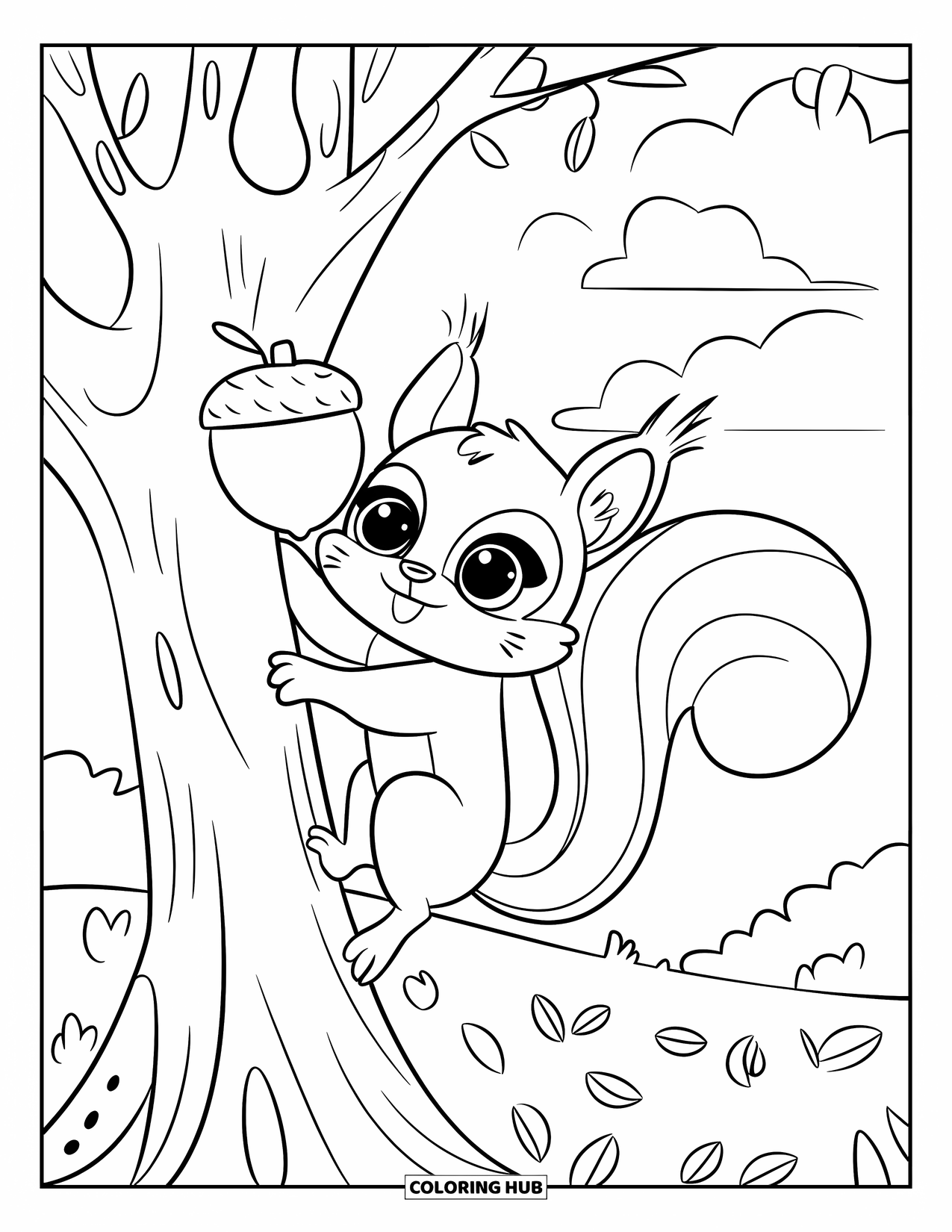 Woodland Animal Coloring Page for Kids: A big-eyed squirrel climbs a tree for an acorn under a cloudy forest sky