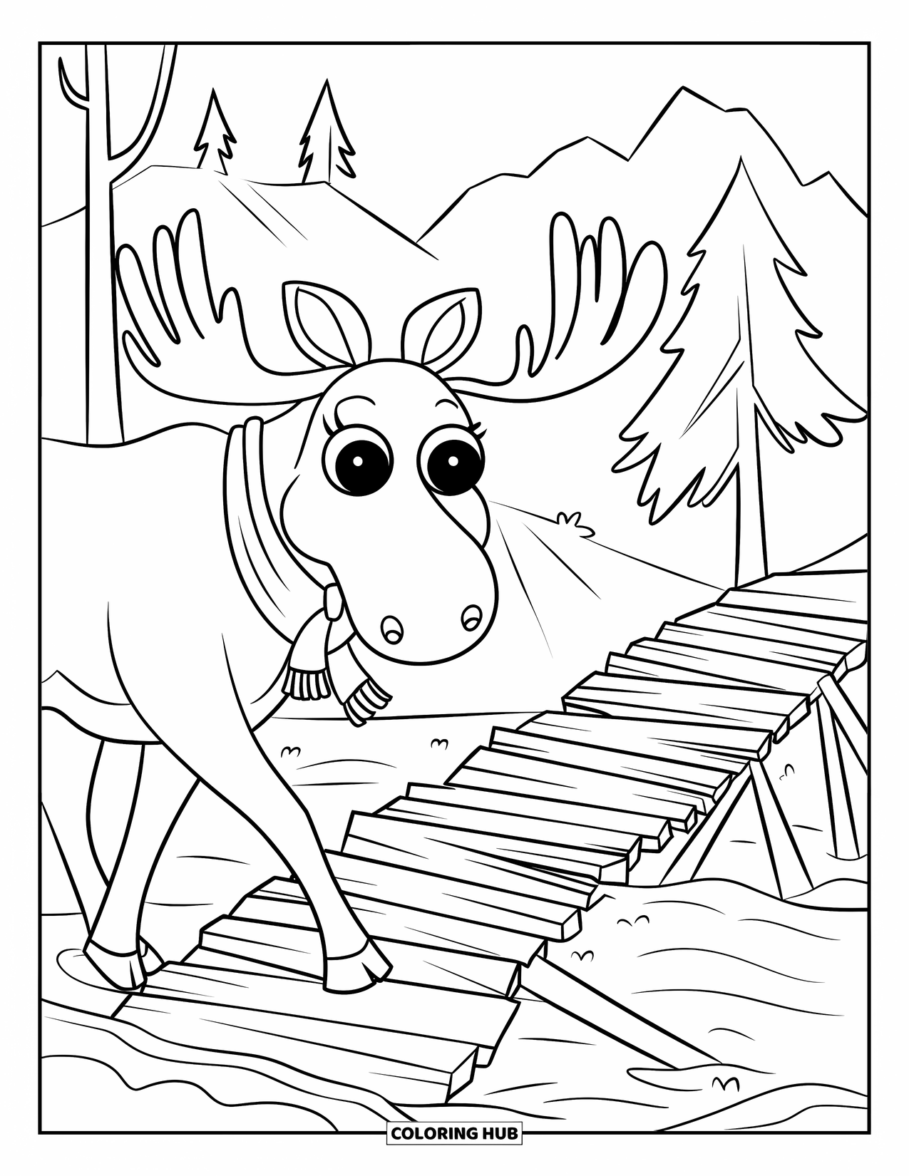 Woodland Animal Coloring Page for Kids: A cheerful moose with big eyes walks near a bridge and distant mountain trees