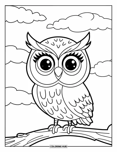 Woodland Animal Coloring Page for Kids: A cheerful owl rests on a branch under a white sky full of fluffy clouds