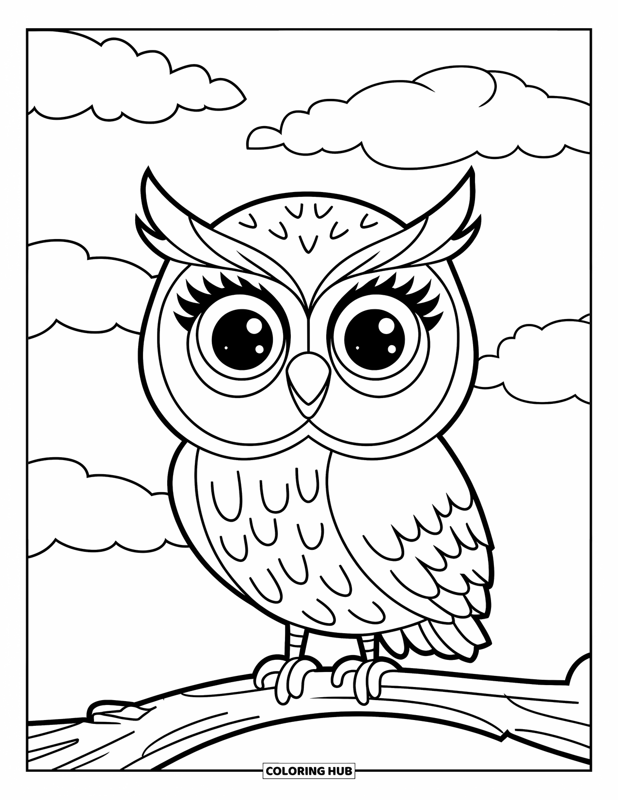 Woodland Animal Coloring Page for Kids: A cheerful owl rests on a branch under a white sky full of fluffy clouds