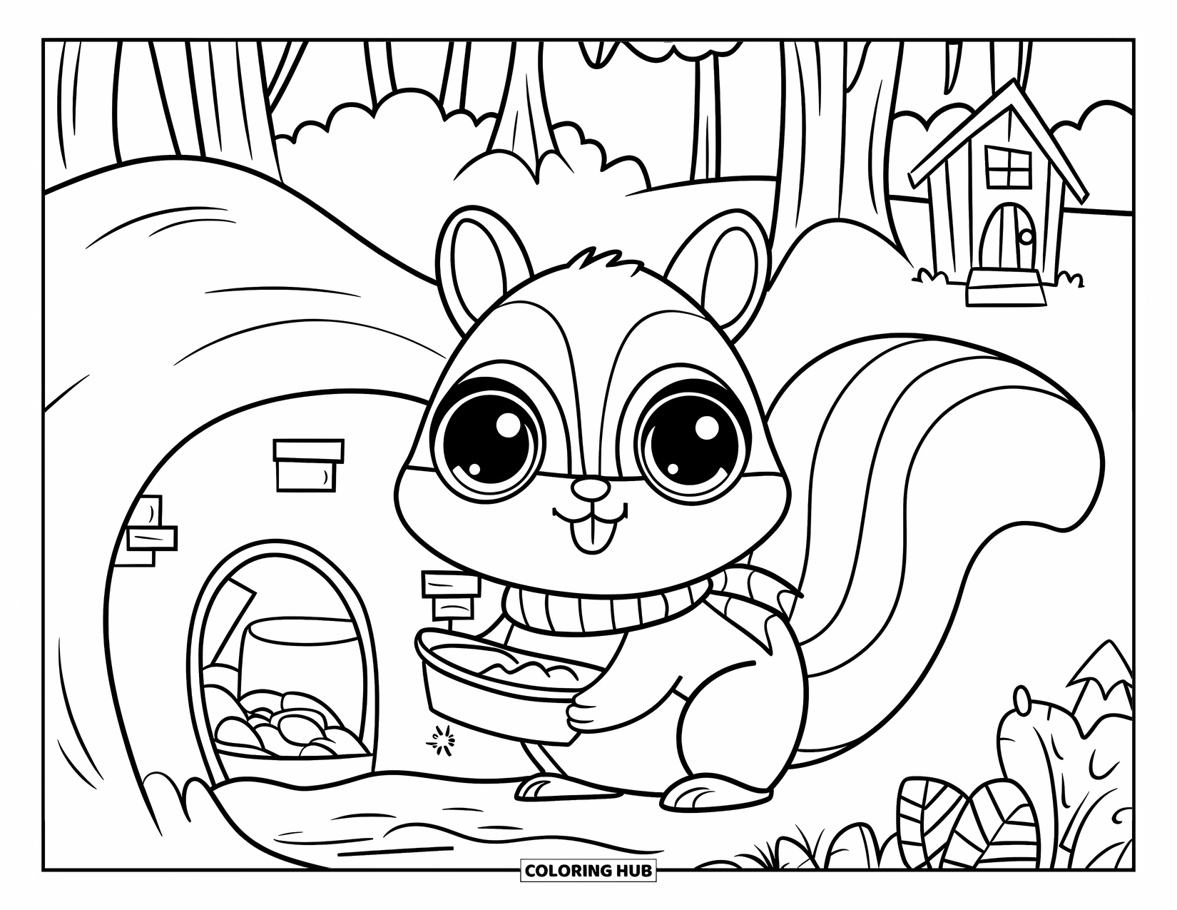 Woodland Animal Coloring Page for Kids: A chipmunk hides snacks in a burrow near trees and a cozy cottage