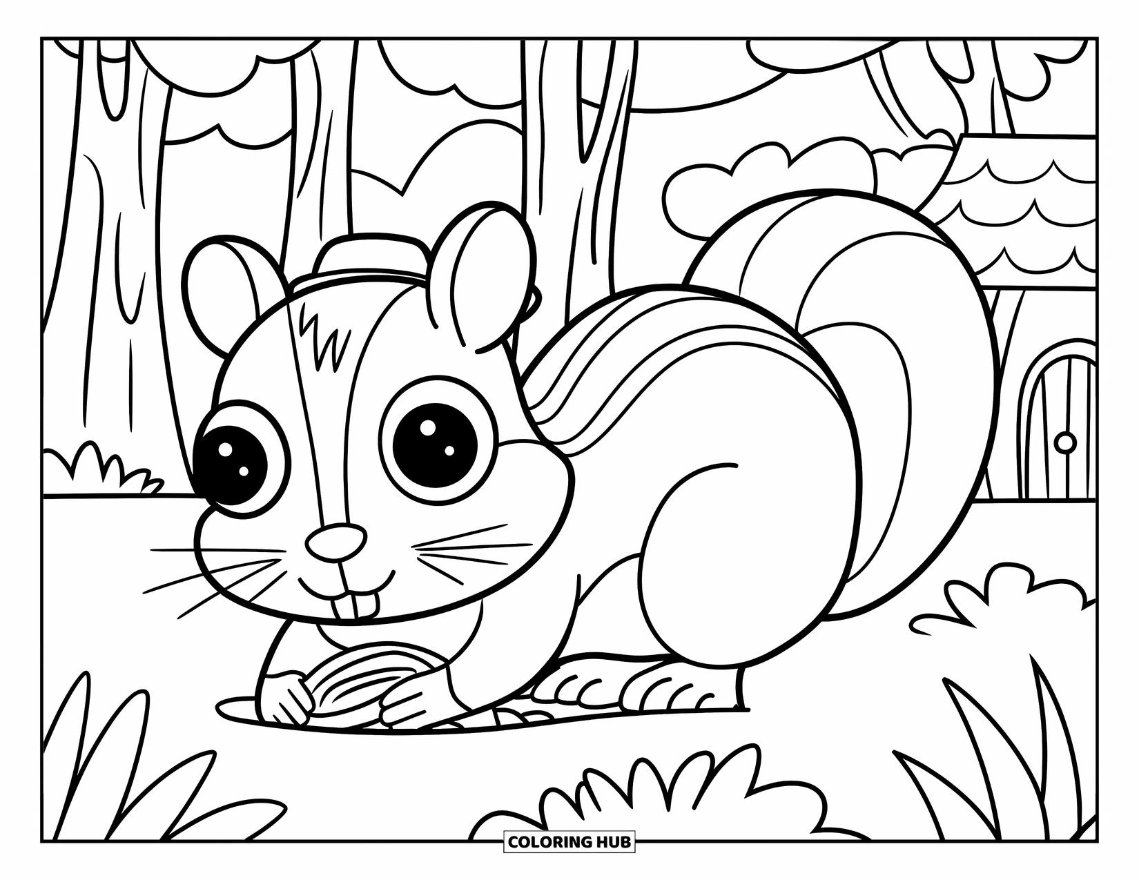 Woodland Animal Coloring Page for Kids: A chipmunk with big eyes stashes food in a burrow by a forest cottage