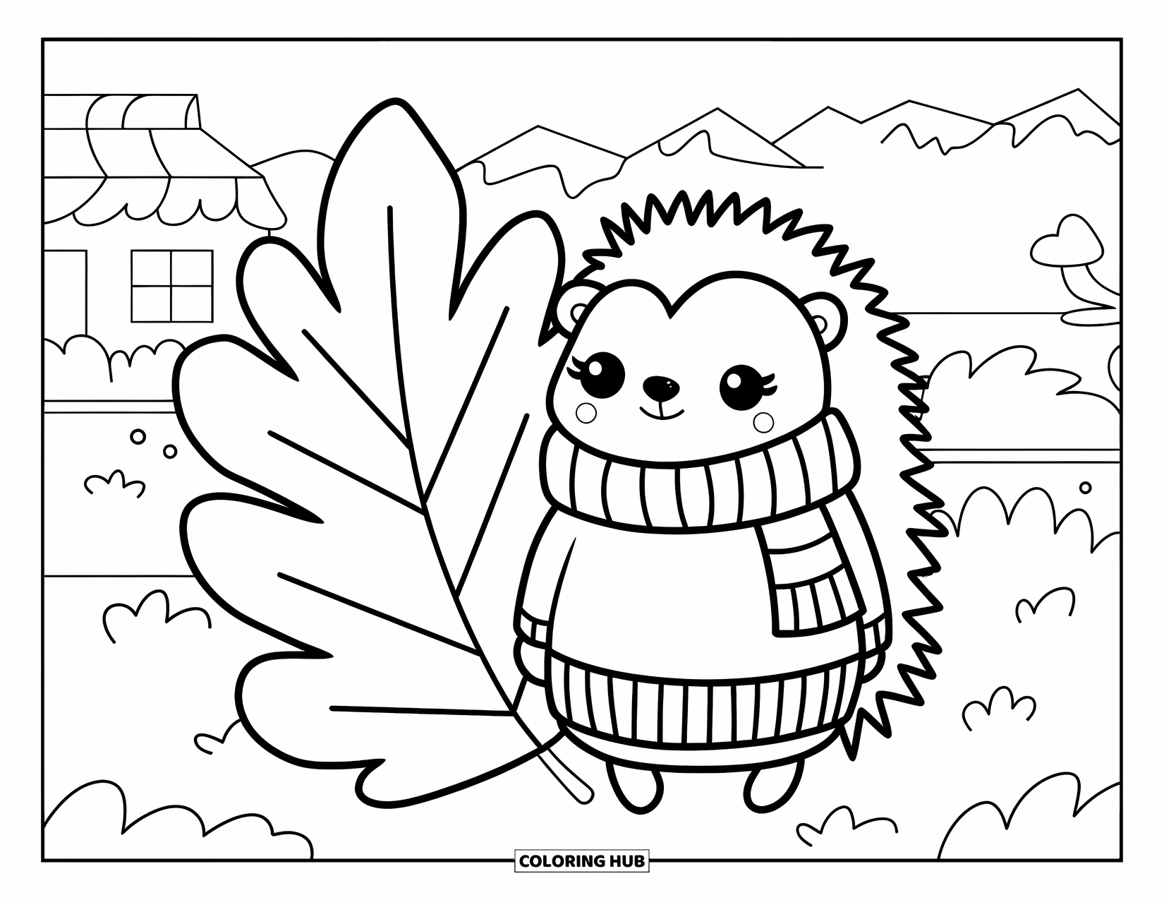 Woodland Animal Coloring Page for Kids: A cozy hedgehog in a sweater and scarf stands beside a wavy-edged leaf near a road