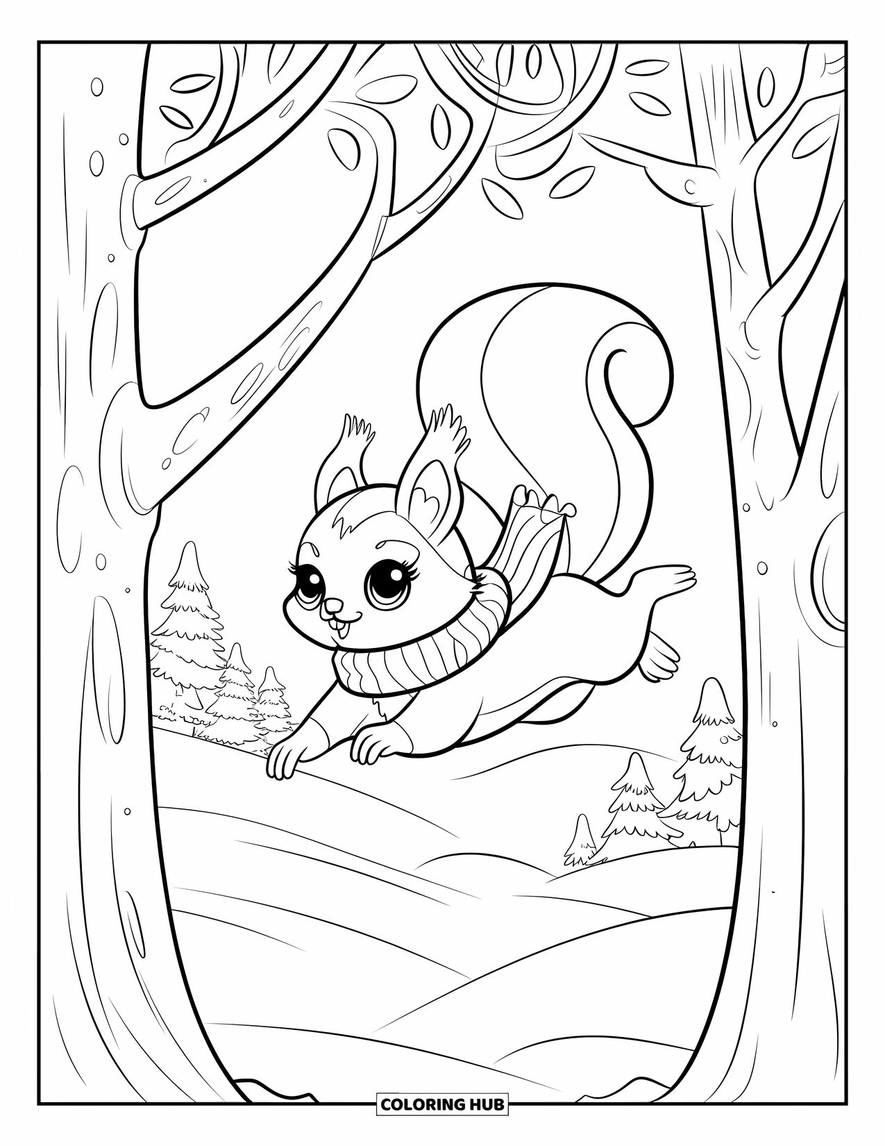 Woodland Animal Coloring Page for Kids: A cozy squirrel jumps between trees in a snowy forest with mountains behind