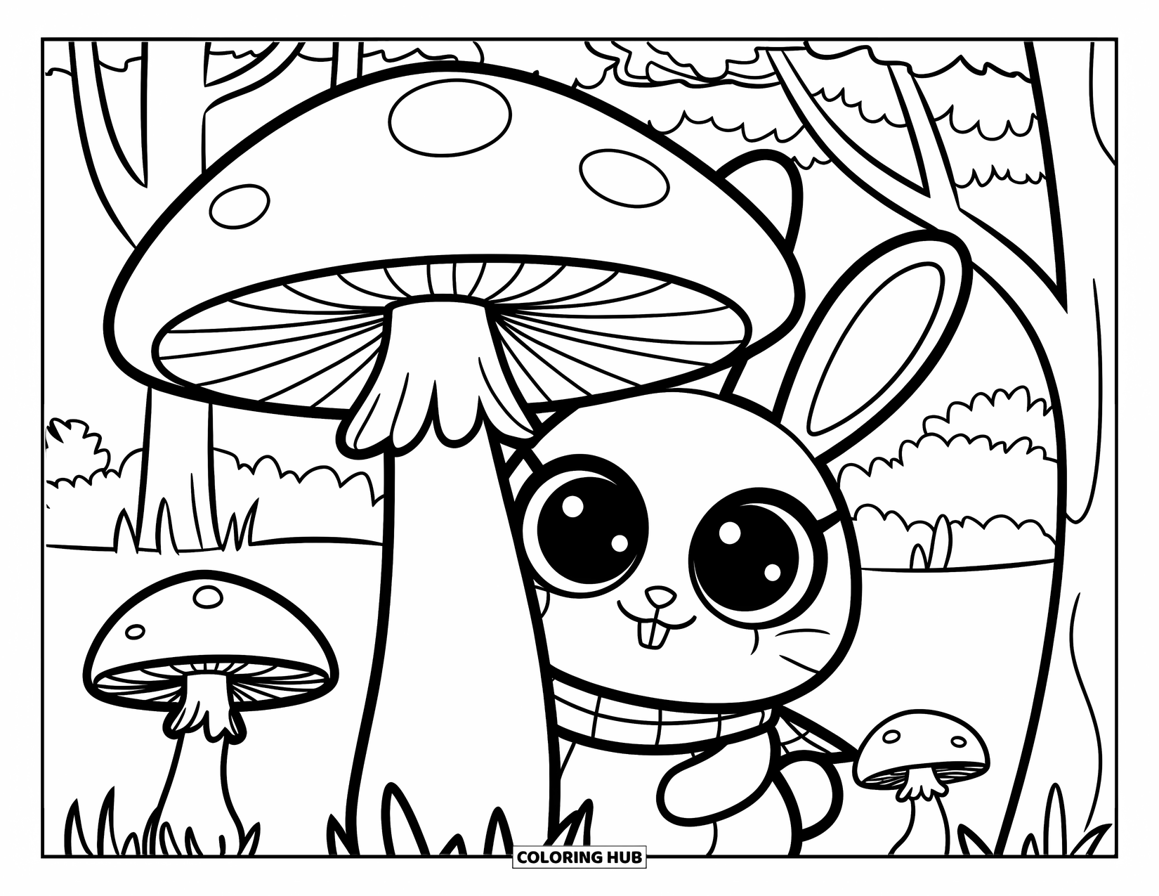 Woodland Animal Coloring Page for Kids: A curious bunny in a scarf peeks out from a mushroom in a quiet forest