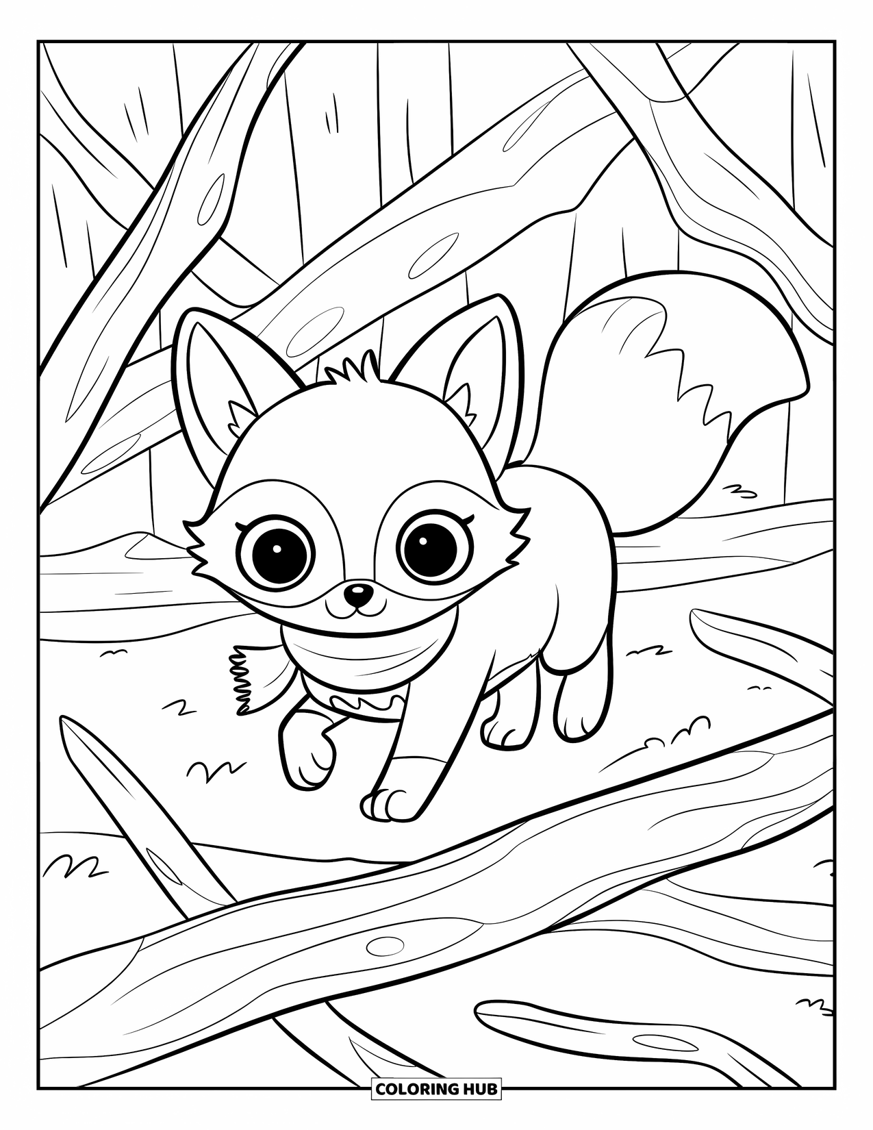Woodland Animal Coloring Page for Kids: A curious fox in a scarf walks near a wooden structure among broken branches