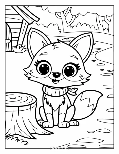 Woodland Animal Coloring Page for Kids: A cute fox in a scarf rests near a stump and hut in a peaceful setting