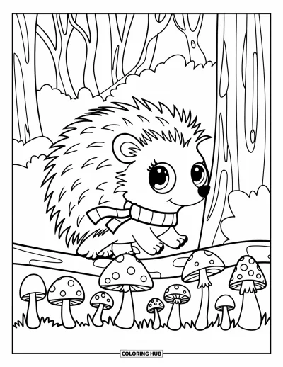 Woodland Animal Coloring Page for Kids: A cute hedgehog in a scarf walks across a mushroom path in the woods
