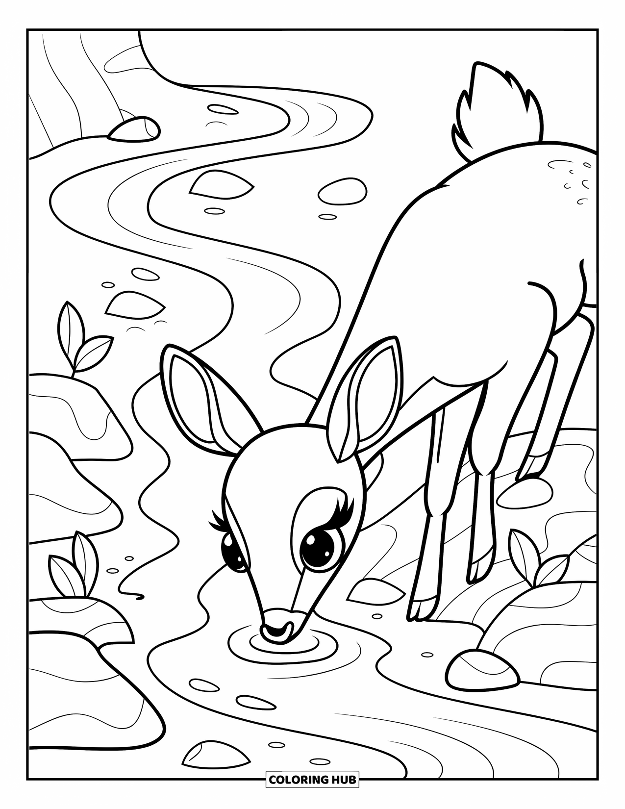 Woodland Animal Coloring Page for Kids: A fluffy-tailed deer drinks from a smooth creek near scattered leaves and gentle rocks