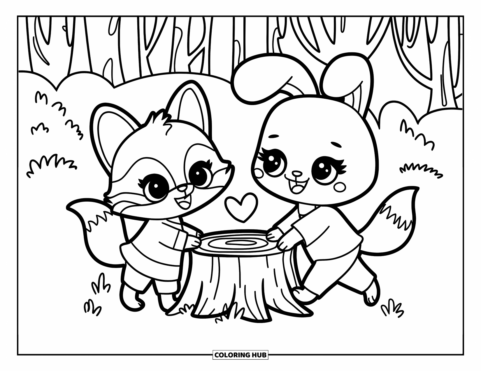 Woodland Animal Coloring Page for Kids: A fox and bunny in cute clothes play near a heart and trees in the forest