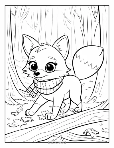 Woodland Animal Coloring Page for Kids: A fox in a scarf steps carefully through fallen branches in a quiet forest