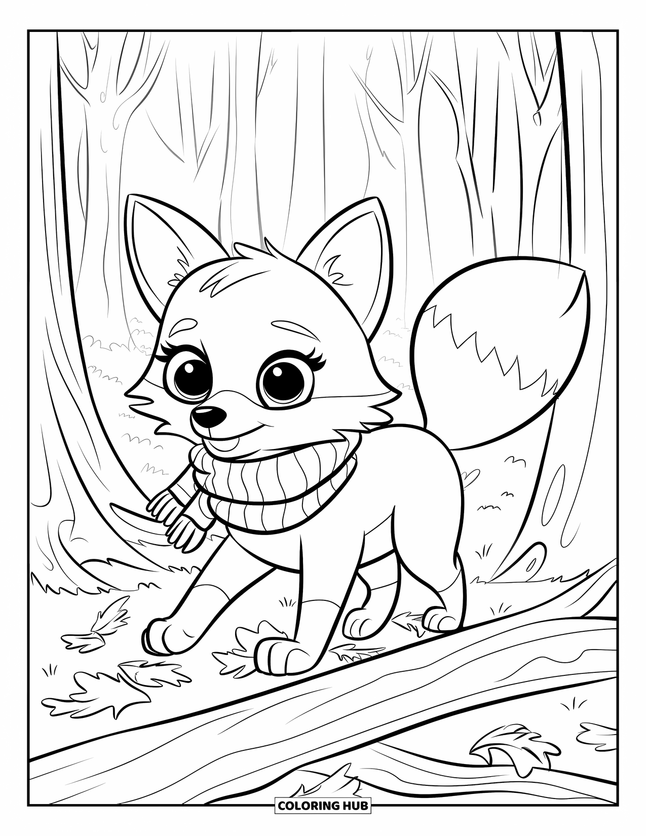 Woodland Animal Coloring Page for Kids: A fox in a scarf steps carefully through fallen branches in a quiet forest