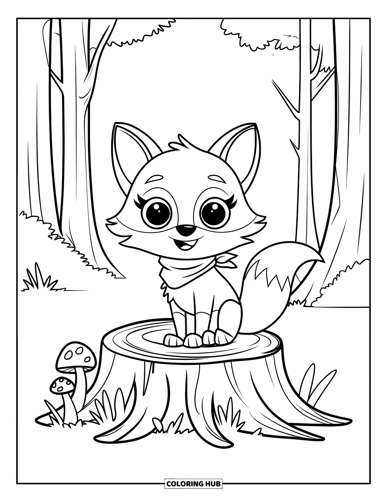 Woodland Animal Coloring Page for Kids: A happy fox in a red scarf sits by a stump with mushrooms and tall trees