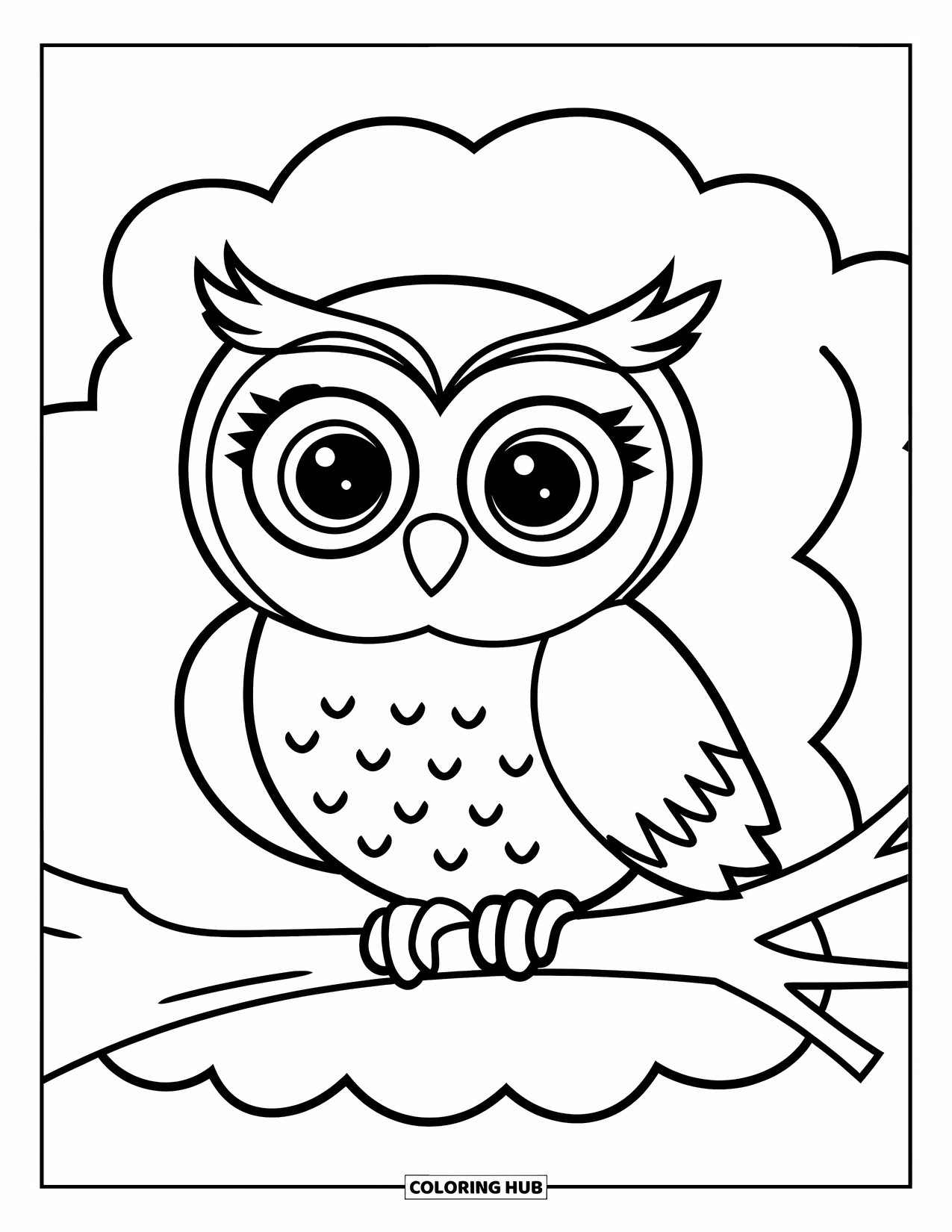 Woodland Animal Coloring Page for Kids: A happy owl with wide eyes sits on a bendy branch above a fluffy cloud