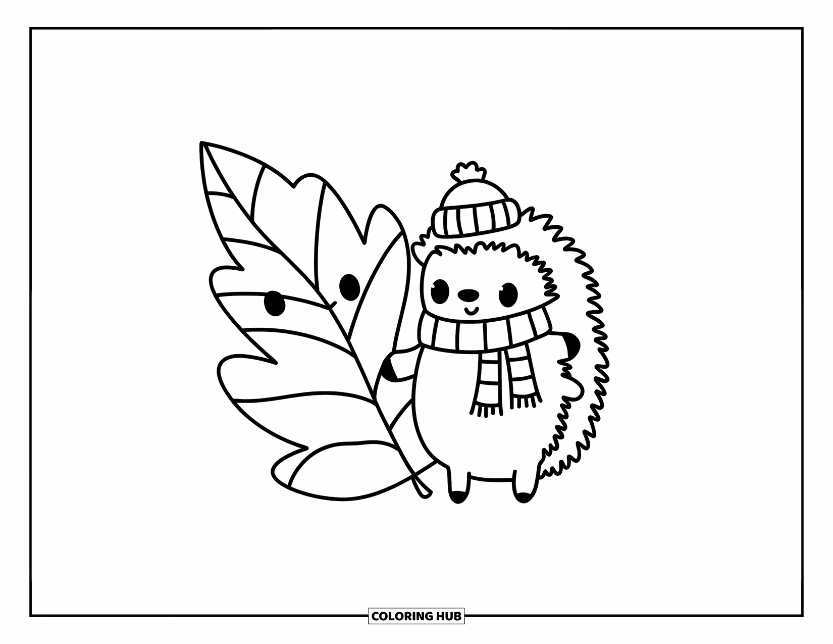 Woodland Animal Coloring Page for Kids: A hedgehog in a hat and scarf stands beside a smiling, oversized leaf