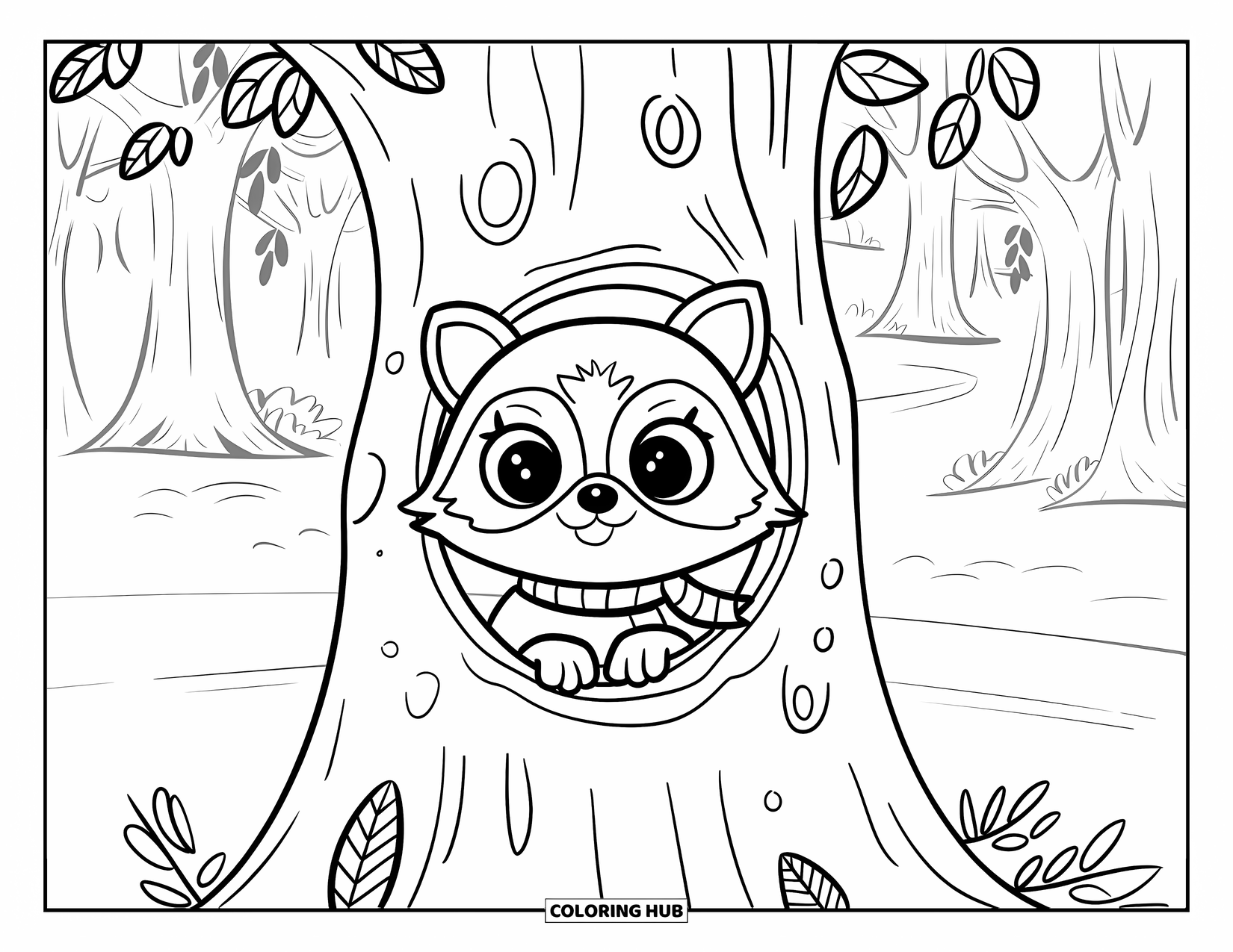 Woodland Animal Coloring Page for Kids: A raccoon in a scarf peeks from a hollow tree near a leaf-covered forest path