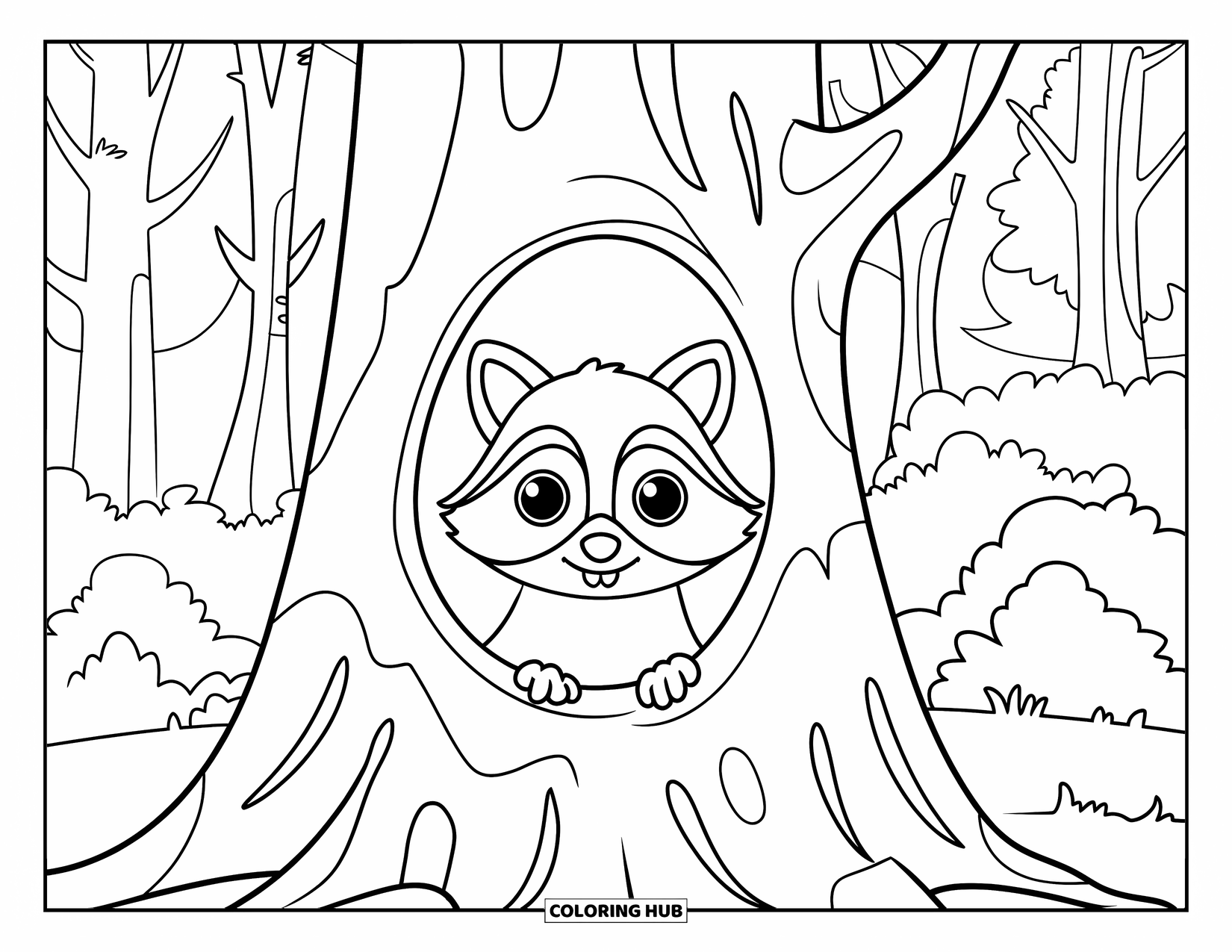 Woodland Animal Coloring Page for Kids: A raccoon with curious eyes peeks from a hollow tree in a peaceful woodland