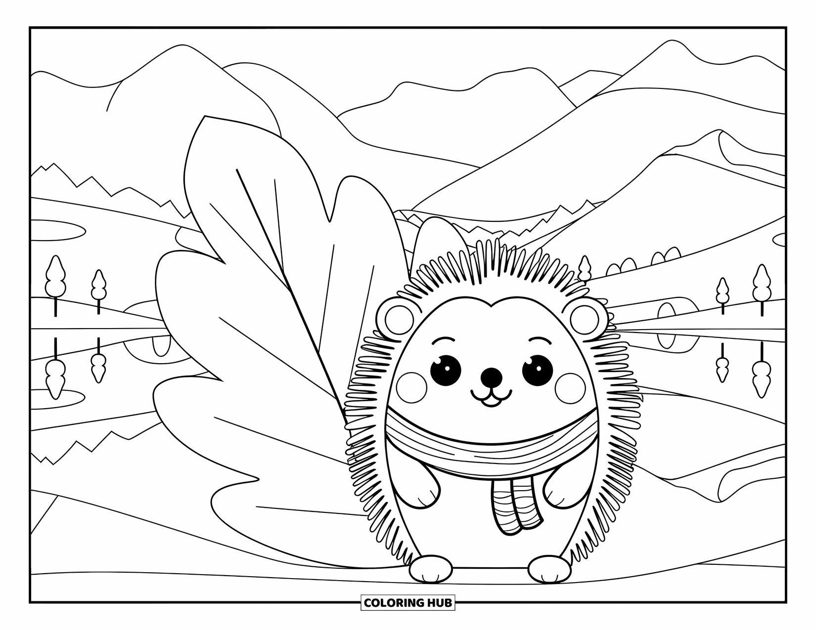 Woodland Animal Coloring Page for Kids: A round-faced hedgehog in a scarf stands near a large leaf by a calm lake