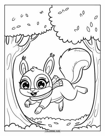 Woodland Animal Coloring Page for Kids: A scarf-wearing squirrel leaps between trees in a peaceful mountain forest