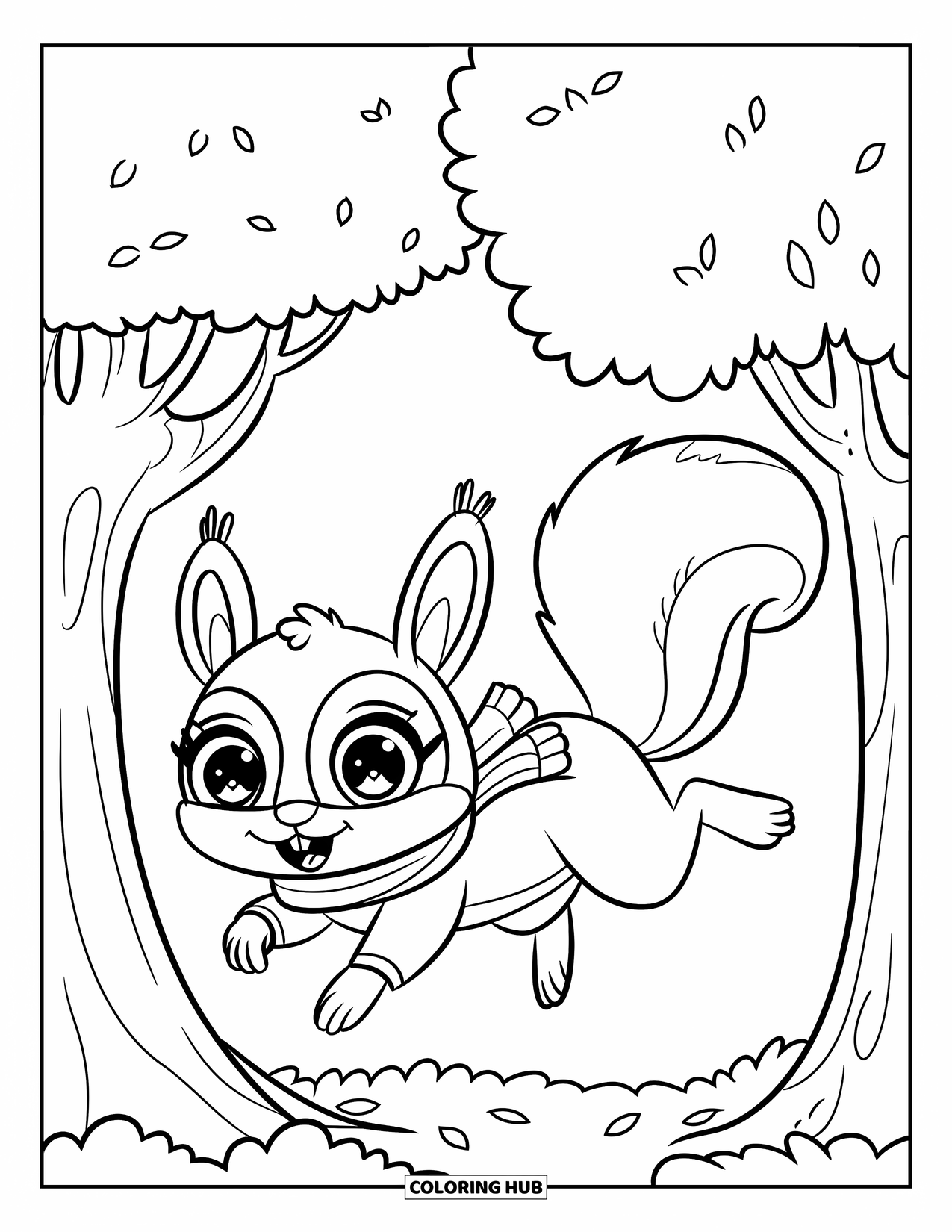 Woodland Animal Coloring Page for Kids: A scarf-wearing squirrel leaps between trees in a peaceful mountain forest