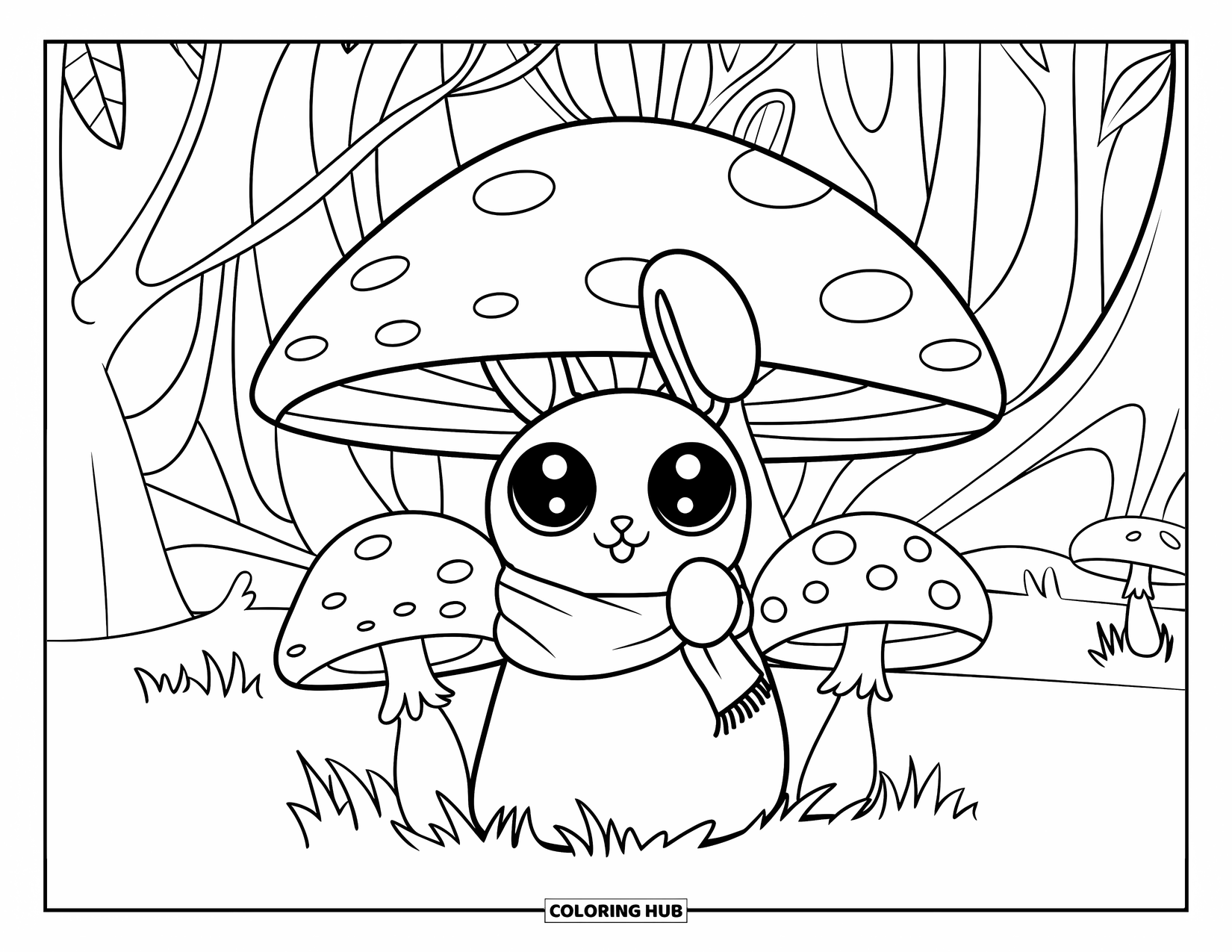 Woodland Animal Coloring Page for Kids: A scarfed bunny hides behind a mushroom with a tiny hole in a quiet forest