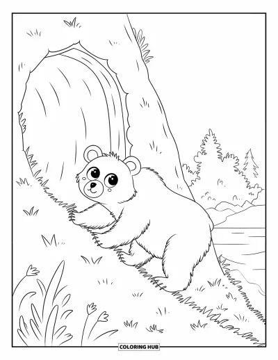 Woodland Animal Coloring Page for Kids: A small bear climbs a grassy slope near a cave under a clear forest sky