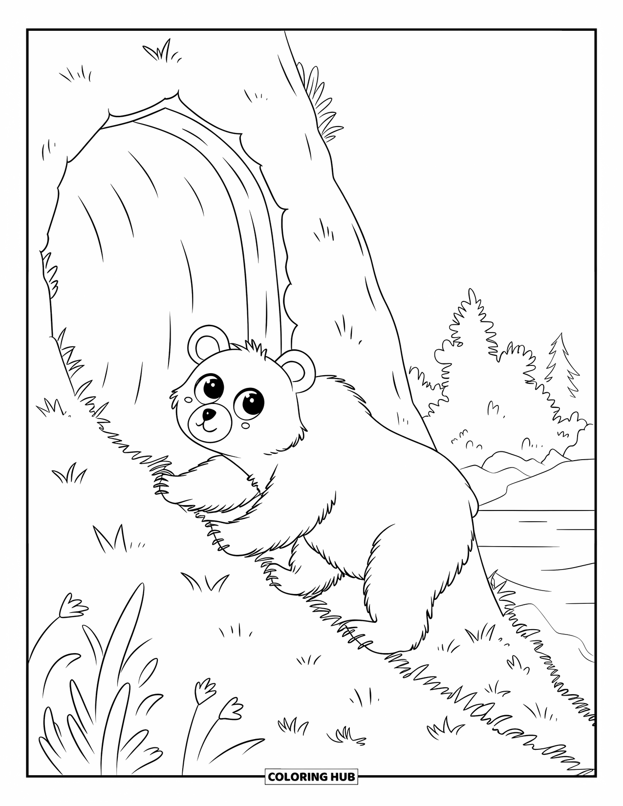 Woodland Animal Coloring Page for Kids: A small bear climbs a grassy slope near a cave under a clear forest sky