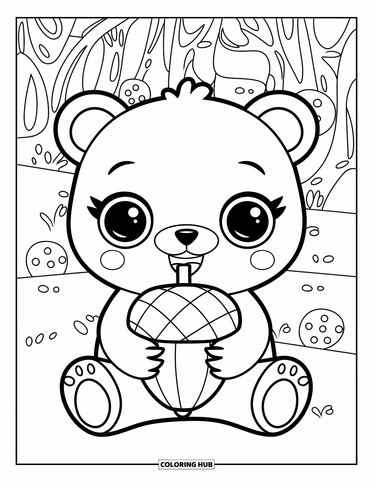 Woodland Animal Coloring Page for Kids: A smiling baby bear holds an acorn while sitting in a forest with scattered acorns