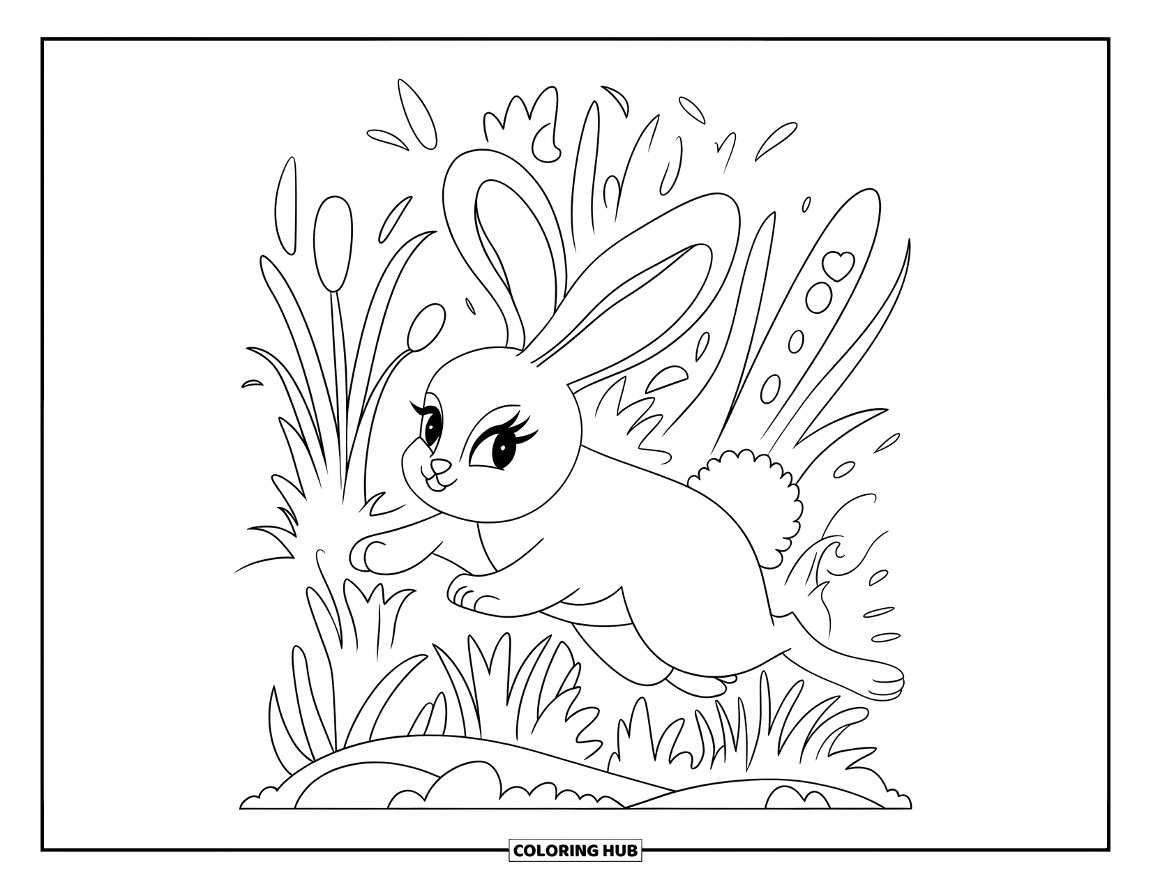 Woodland Animal Coloring Page for Kids: A speedy rabbit in a scarf dashes through tall grass and tangled roots