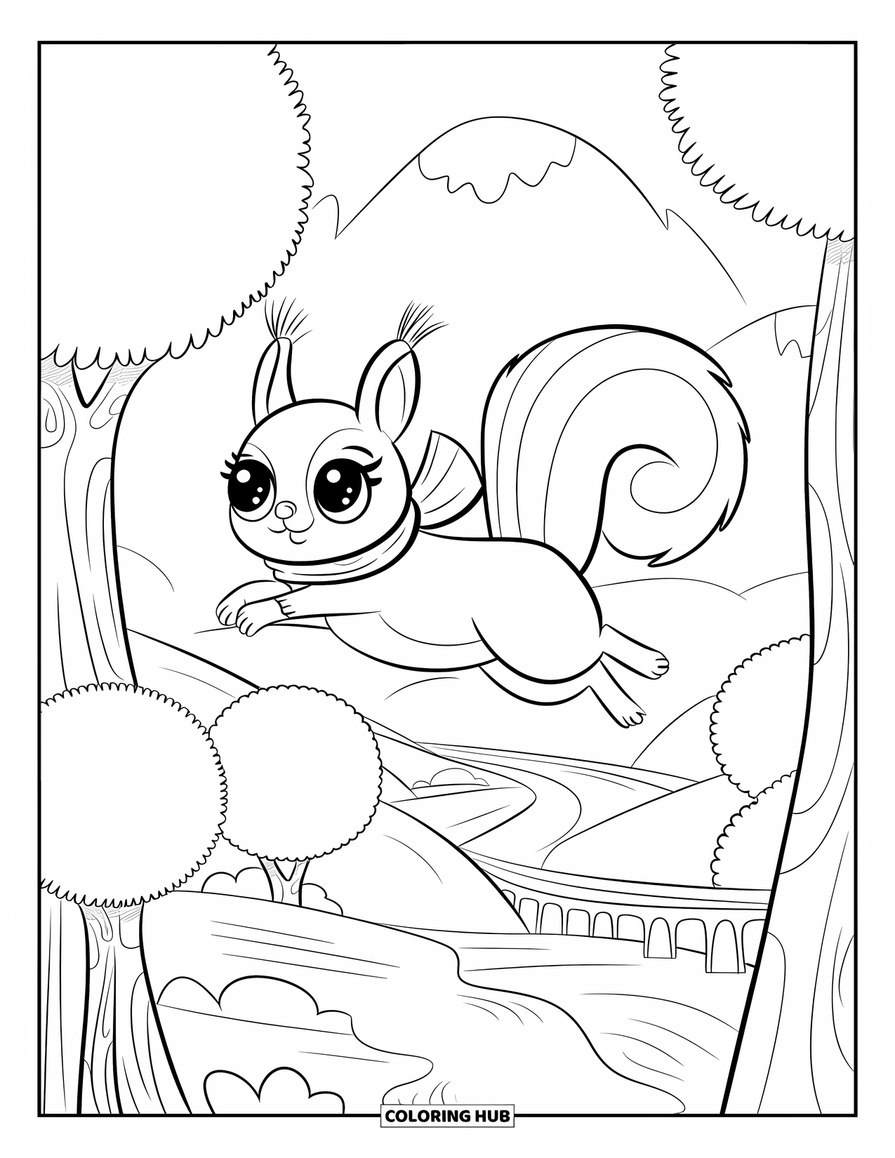 Woodland Animal Coloring Page for Kids: A squirrel in a scarf jumps between trees with mountains and a bridge in the distance
