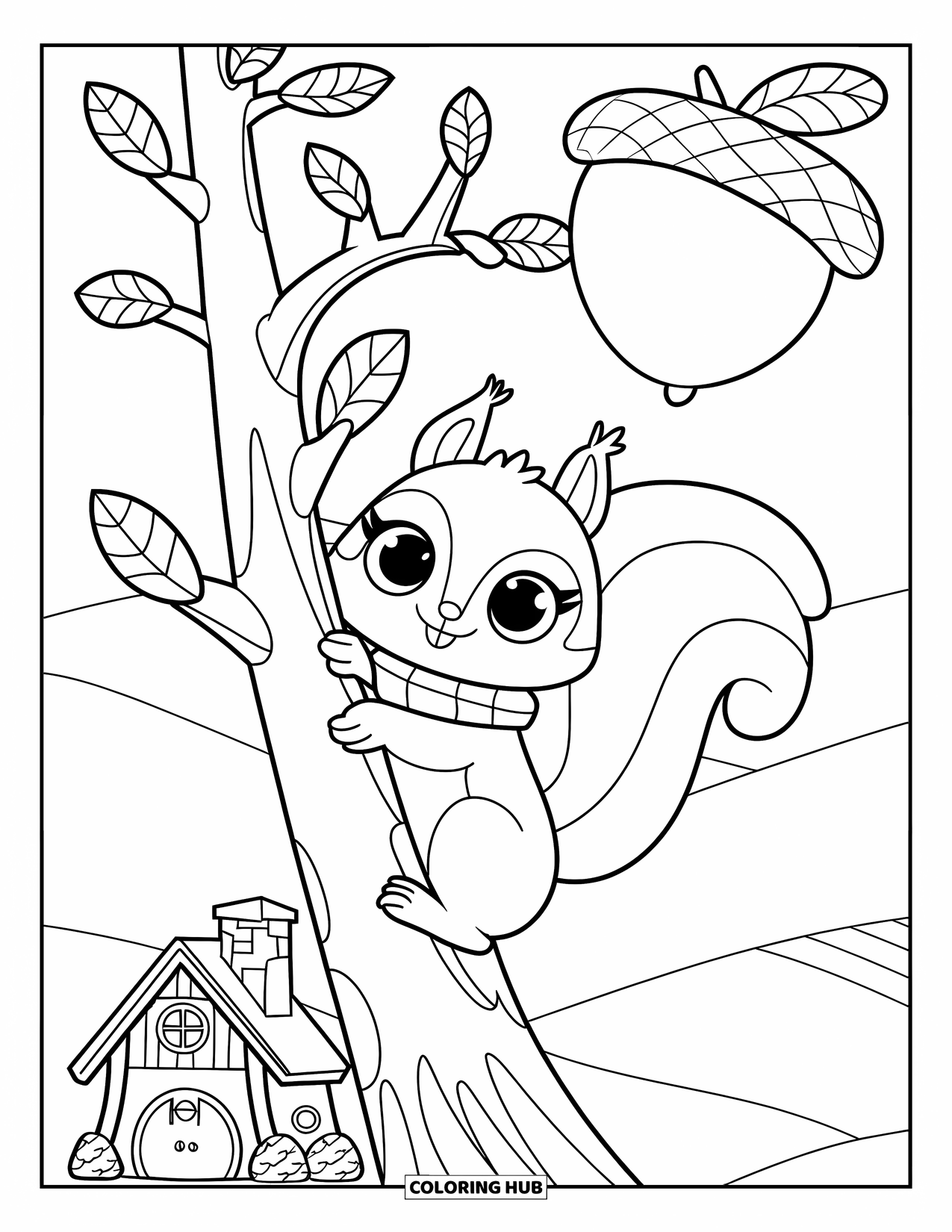 Woodland Animal Coloring Page for Kids: A squirrel with a scarf climbs a snowy tree near a cottage and gentle hills