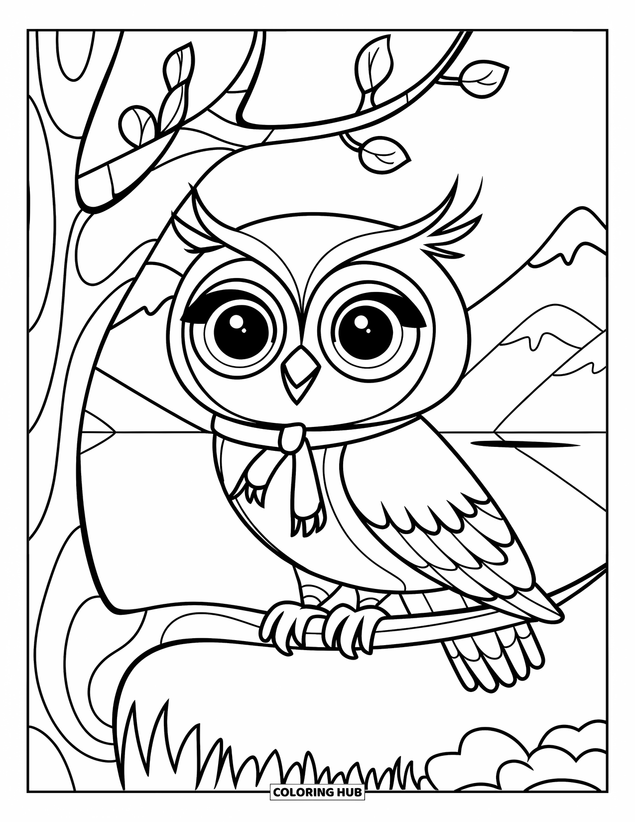 Woodland Animal Coloring Page for Kids: An owl in a scarf perches on a branch above a lake and snowy mountains