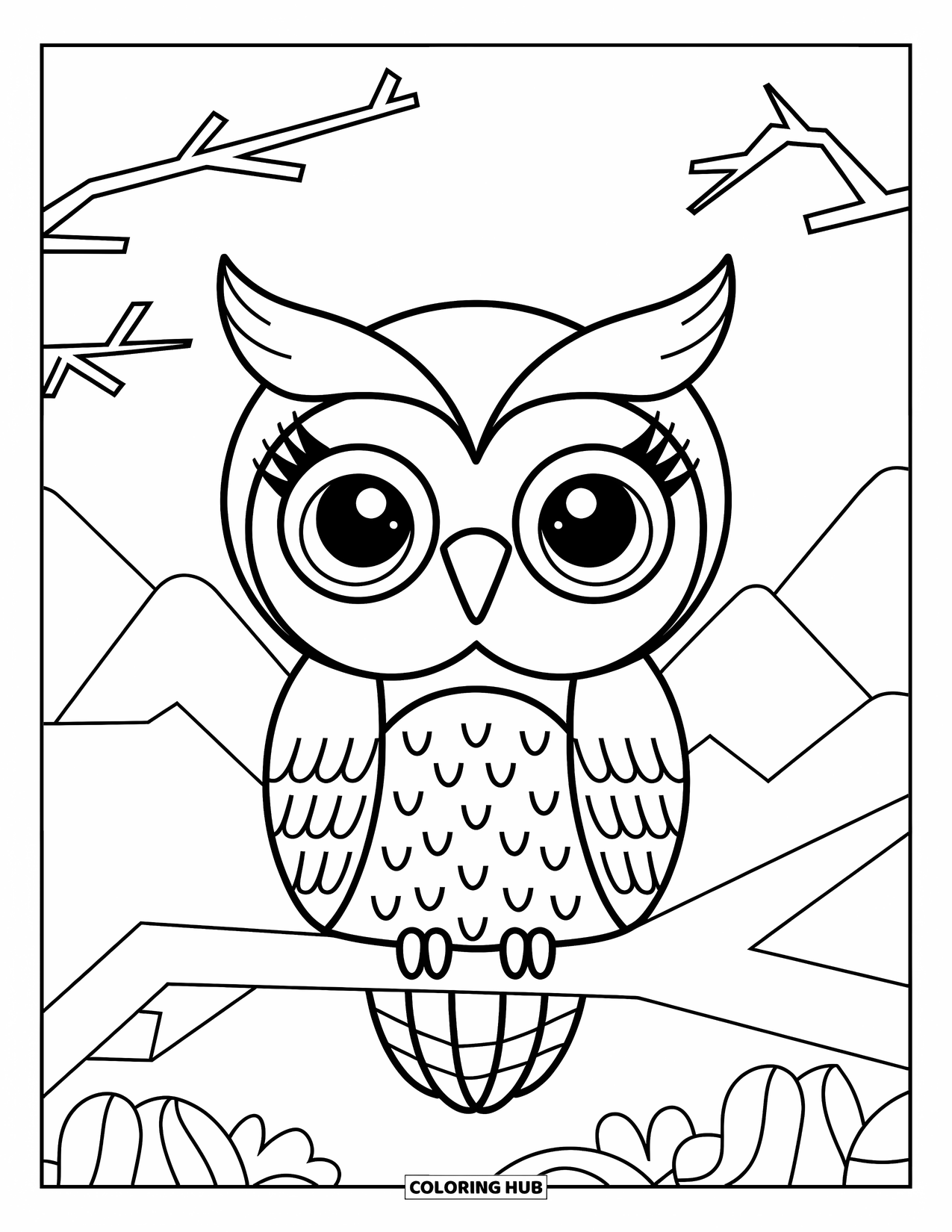 Woodland Animal Coloring Page for Kids: An owl watches from a high branch with mountains behind and stars above