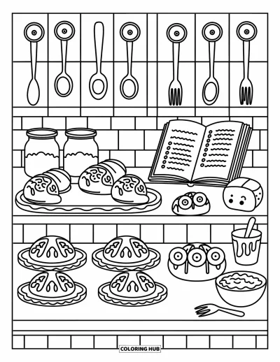 Dibujo del color amarillo para colorear para adultos: Un mostrador de panadería lleno de tartas de plátano, rollitos en espiral y motivos de repostería