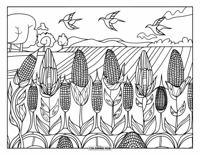 Dibujo del color amarillo para colorear para adultos: Un campo de maíz se extiende ampliamente con tallos con estampado y pájaros volando