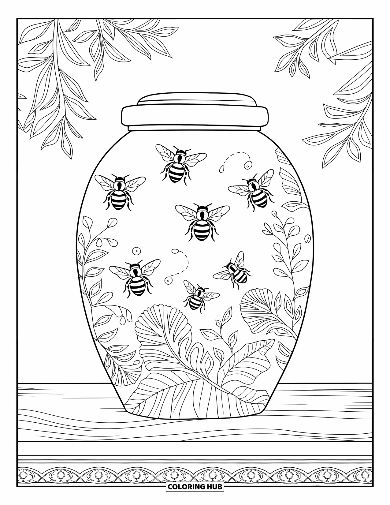 Yellow Coloring Page for Adults: A decorated honey jar rests on carved wood with swarming bees