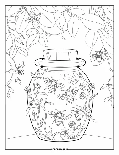 Dibujo del color amarillo para colorear para adultos: Un tarro de miel rodeado de abejas y enredaderas junto a plantas con hojas