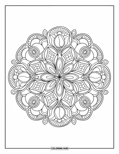 Dibujo del color amarillo para colorear para adultos: Un mandala hecho de rodajas de limón, panales y tulipanes llena la página
