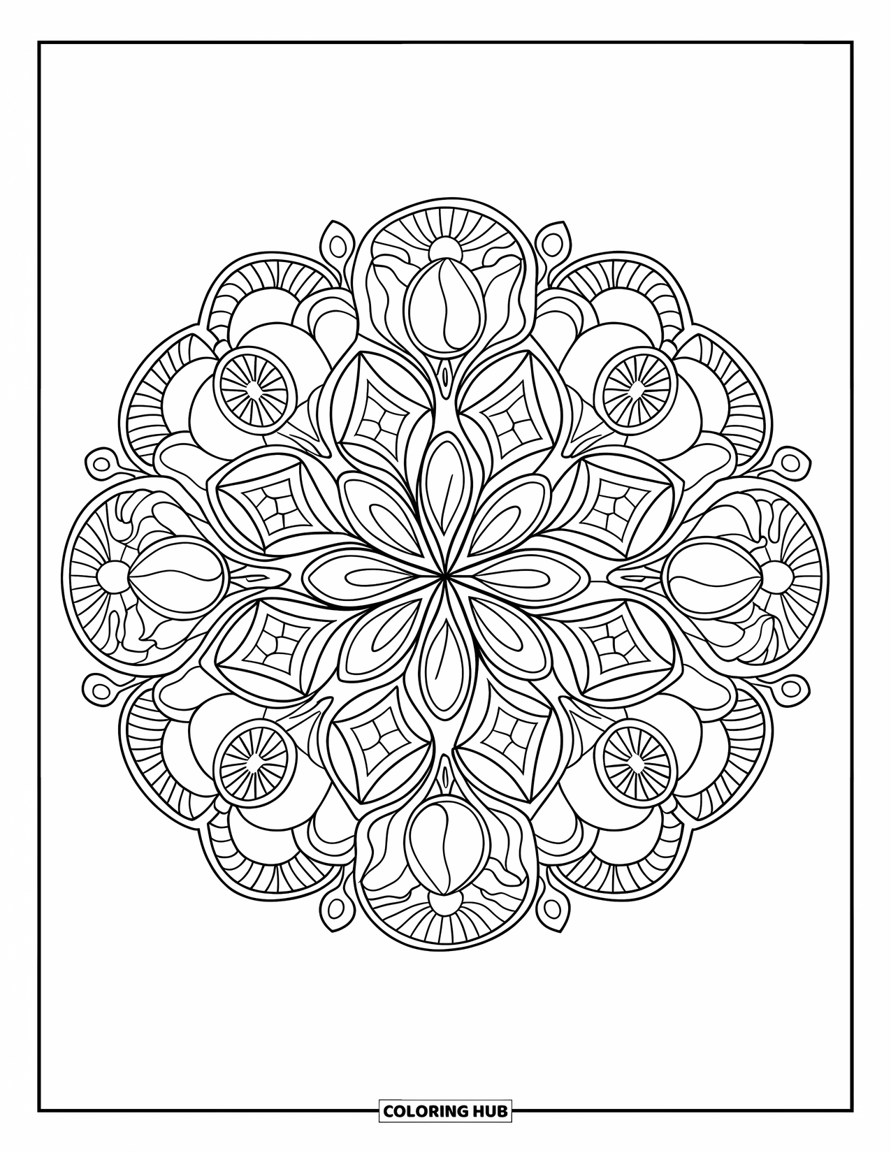 Yellow Coloring Page for Adults: A mandala made of lemon slices, honeycombs, and tulips fills the page