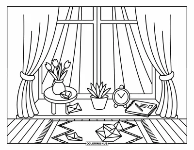 Dibujo del color amarillo para colorear para adultos: Un rincón de ventana tranquilo con flores, estrellas y luz solar sobre una alfombra con estampado