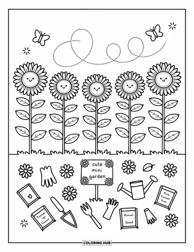 Dibujo del color amarillo para colorear para adultos: Una hilera de girasoles se alza sobre herramientas de jardín y sobres de semillas ilustrados