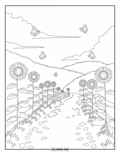Dibujo del color amarillo para colorear para adultos: Un camino de piedra serpentea entre hileras de girasoles con mariposas que vuelan con suavidad
