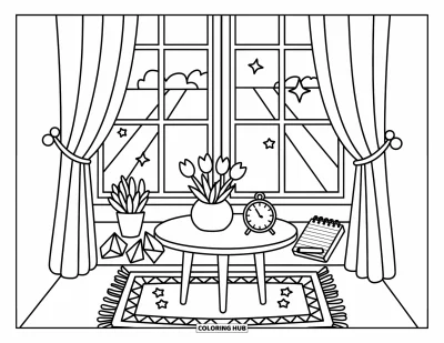 Dibujo del color amarillo para colorear para adultos: Una escena de ventana soleada con tulipanes, estrellas de papel y una mesa adorable