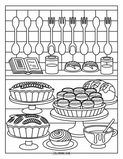Dibujo del color amarillo para colorear para adultos: Delicias de plátano llenan un mostrador de panadería con un libro de recetas y motivos entrañables