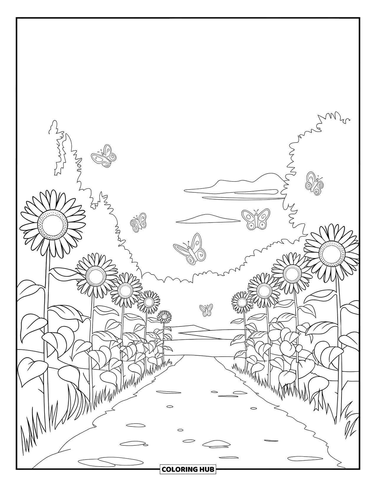 Yellow Coloring Page for Adults: Butterflies flutter through sunflowers along a path with trees in the distance