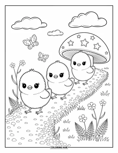 Dibujo del color amarillo para colorear para adultos: Pollitos desfilan por un camino florido mientras las mariposas revolotean y las nubes flotan